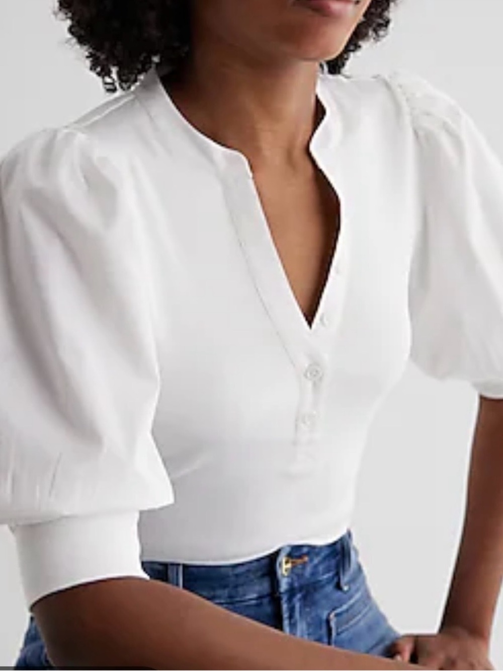 Express Mixed Media Puff Sleeve Ribbed Henley Top White Large